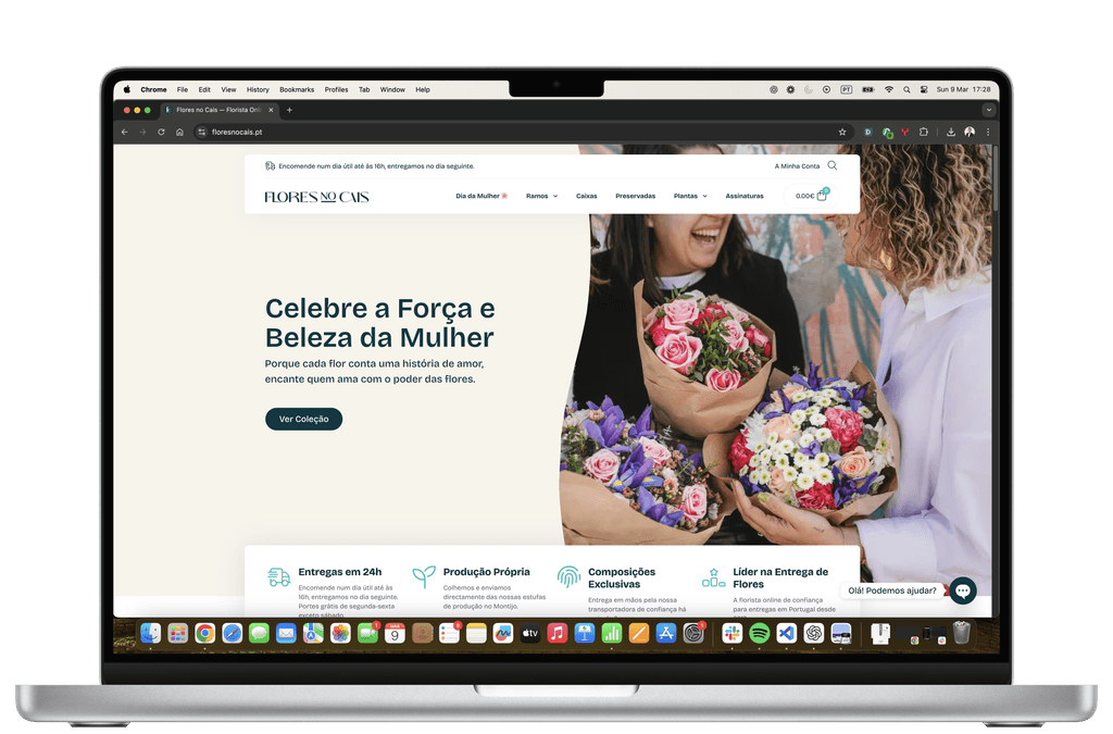 Flores no Cais homepage on a laptop screen